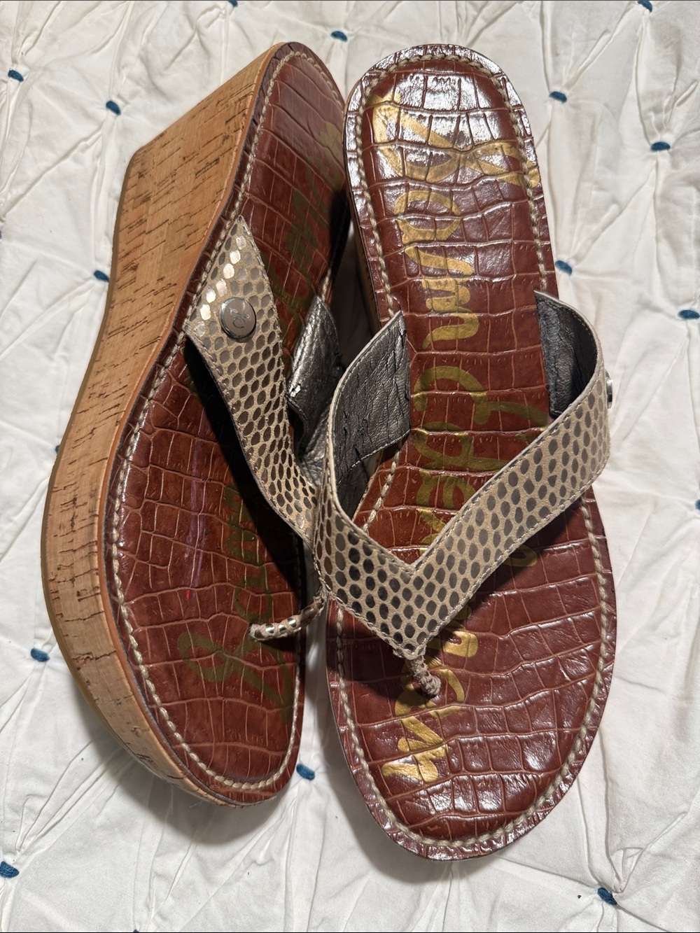 Sam Edelman Wedge Flip-Flop Sandals in Platinum/Gold Snake-Print Straps